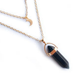 Layered Moon Choker Hexagonal Crystal Point Pendant Necklace, Natural Healing Gemstone Gold Plated Chain for Women