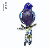 Enamel Bird Parrot Natural Gemstone Pendant, Colorful Enamel Alloy Bird On Branch Inlaid Oval Cabochon Crystal Pendant, Chakra Reiki Healing DIY Necklace Jewelry Charm