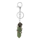 Natural Crystal Hexagonal Point Keychain • Antique Silver Rose Wrapped Gemstone Keyring • Gothic Healing Stone Bag Charm Accessory