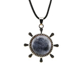 Nautical Ship Wheel Cord Necklace • Casual Silver Mariner Helm Pendant with Natural Gemstone Sphere • Unisex Rugged Black Leather Rope Jewelry
