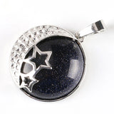 Moon & Star Celestial Natural Gemstone Round Pendant, Silver‑Tone Hollow Star Crescent Moon Frame Crystal Stone Charm for Handmade Necklaces