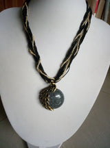 Boho Multi‑Strand Thread Cord Necklace, Vintage Carved Round Stone Ball Pendant Necklace, Ethnic Handmade Statement Necklace for Women 47.5cm