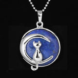 Round Natural Gemstone Pendant Silver Tone Crescent Moon Cat Crystal Charm for DIY Jewelry Making Necklace Craft Supplies