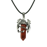 Gothic Winged Dragon Hexagonal Crystal Point Necklace, Vintage Silver Pterosaur Column Pendant, Punk Minimalist Protection Amulet with Black Rope Cord for Men & Women