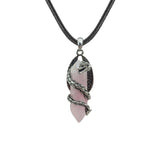 Vintage Guardian Dragon Crystal Necklace • Hexagonal Bullet Stone Wand Charm • Boho Black Rope Cord Healing Quartz Unisex Amulet