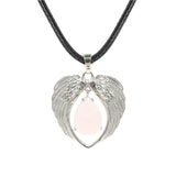 Vintage Silver Angel Wings Heart Necklace - Natural Stone Wax Cord Teardrop Pendant for Men & Women, Spiritual Gift