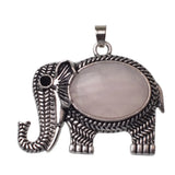 Retro Hollow Pattern Elephant Natural Stone Pendant, Vintage Alloy Lucky Elephant Charm, Healing Crystal Reiki Meditation Amulet for Handmade Necklace