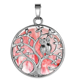 Natural Crystal Tree of Life Owl Pendant Necklace – 30mm Round Gemstone Amulet Jewelry Gift for Women