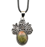 Silver Rose Flower Oval Gemstone Necklace 45CM Black Cord SN1503  10X14mm Stone Cab Pendant Jewelry