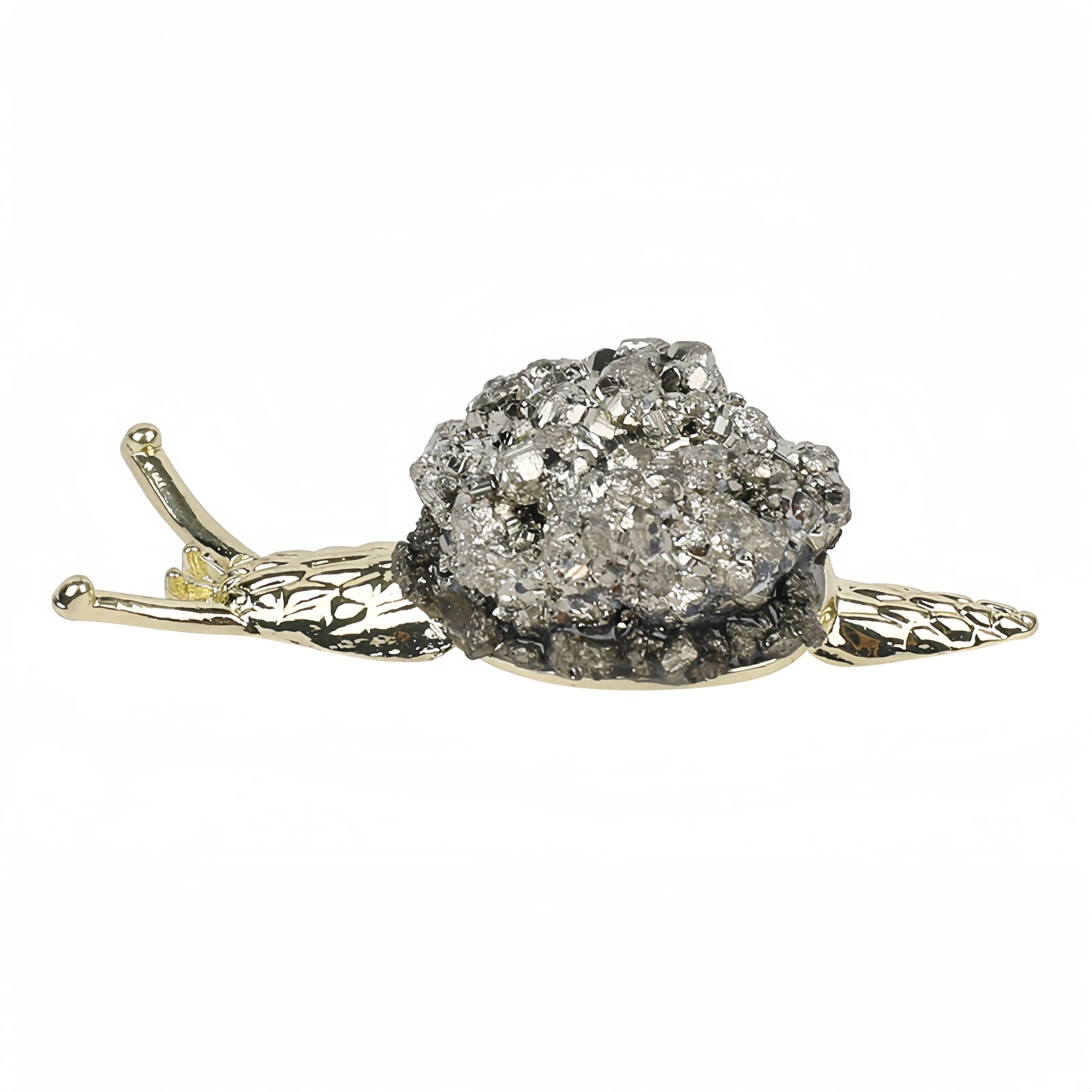 Pyrite Druzy Snail Figurine | Gold-Plated Natural Crystal Ornament for Home Decor