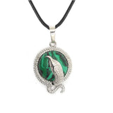 Eagle Silhouette Round Pendant Necklace Silver Lace Frame Natural Crystal Black Wax Cord Spirit Animal Jewelry
