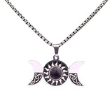 Stainless Steel Triple Moon Goddess Necklace with Celtic Knot - Natural Tiger's Eye Sun Pendant - Wiccan Pagan Spiritual Jewelry for Men & Women
