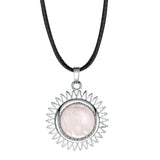 Sunburst Round Natural Gemstone Pendant, Silver Plated Sun Ray Frame Round Cabochon Crystal Stone Pendant Reiki Chakra Healing Charm for DIY Necklace Jewelry Making
