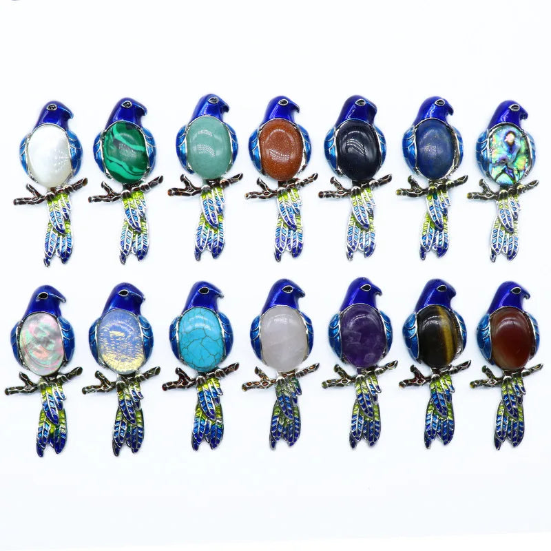 Enamel Bird Parrot Natural Gemstone Pendant, Colorful Enamel Alloy Bird On Branch Inlaid Oval Cabochon Crystal Pendant, Chakra Reiki Healing DIY Necklace Jewelry Charm