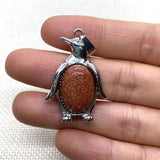 24x35mm Natural Crystal Penguin Pendant Necklace, Silver Alloy Frame Gemstone Charm