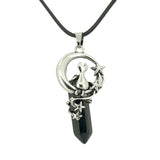 Gothic Star Moon Cat Crystal Necklace, Natural Gemstone Hexagonal Point Pendant, Vintage Silver Crescent Moon Choker with Black Cord for Women
