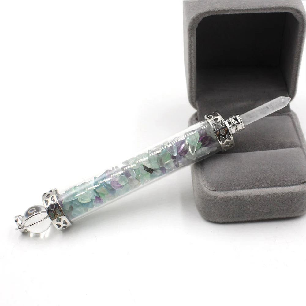 Natural Crystal Chip Glass Bottle Wand Pendant, Reiki Chakra Healing Crystal Point Wand Charm for Necklace Jewelry Making Meditation