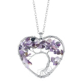 Heart Shaped Tree of Life Pendant Necklace, Natural Chip Gemstone Chakra Crystal Necklace Silver Wire Wrapped Jewelry Gift for Women