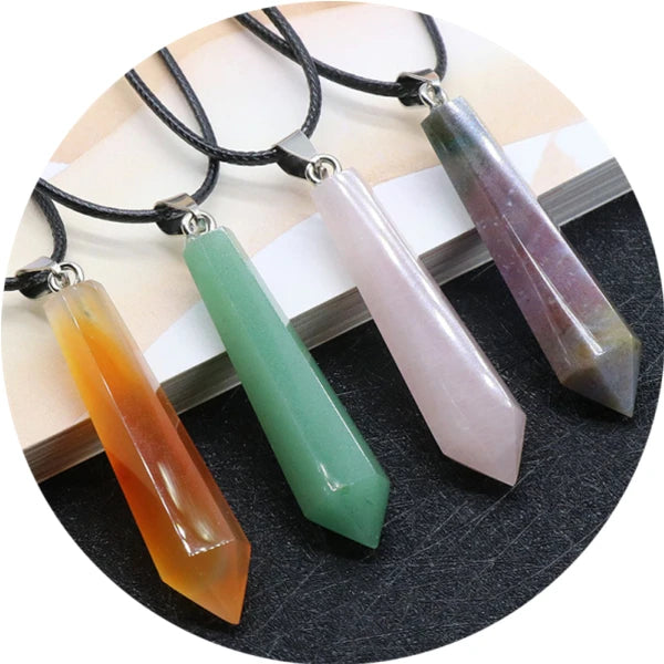 Natural Stone Hexagonal Column Pendant Necklace Carved Healing Pointed Quartz Crystal Wand Amulet with 18 Inch Black Cord Spiritual Jewelry Gift