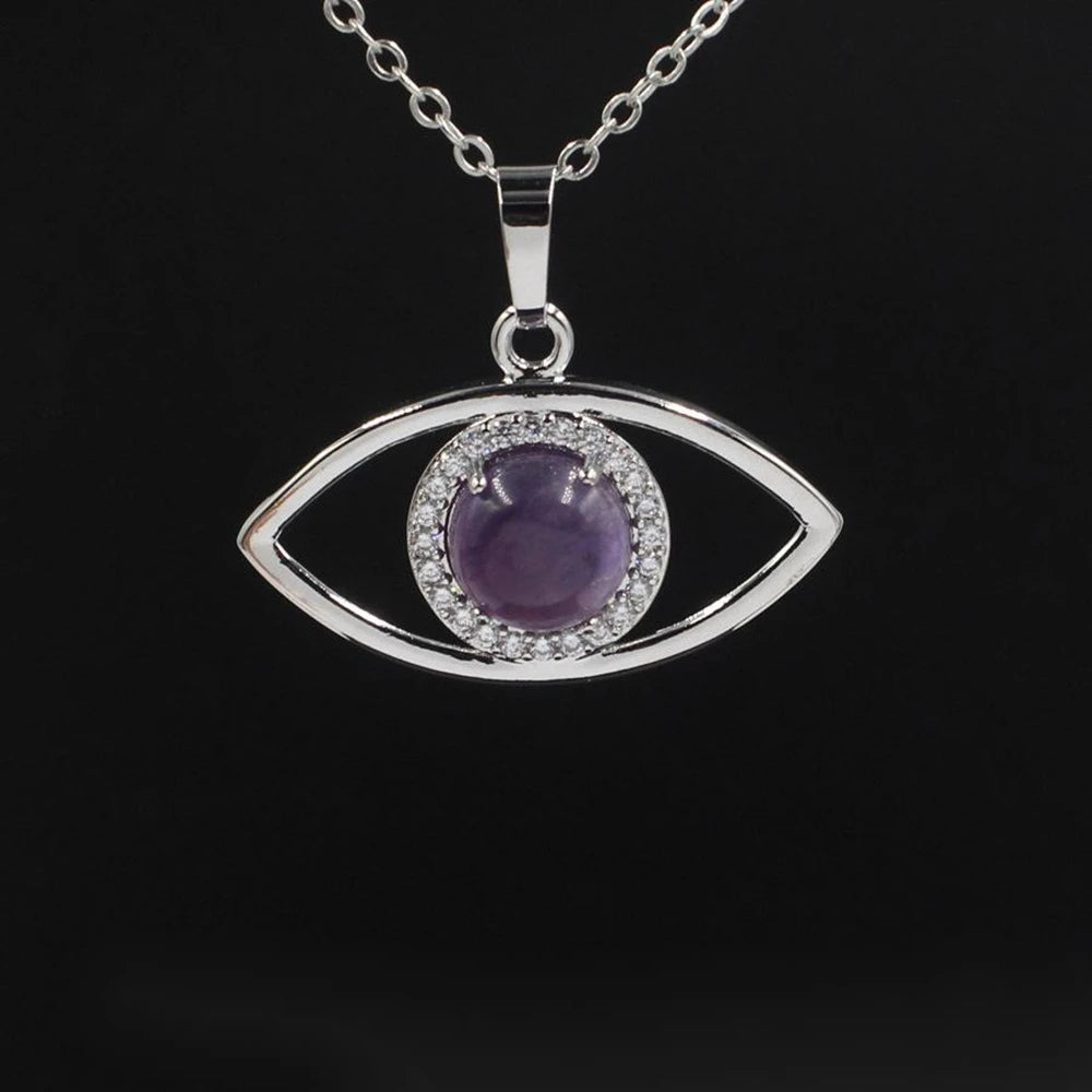 Natural Stone Eye Pendant Necklace Dainty for Girls Women Silver Oval Quartz Crystal Healing Chakra Jewelry
