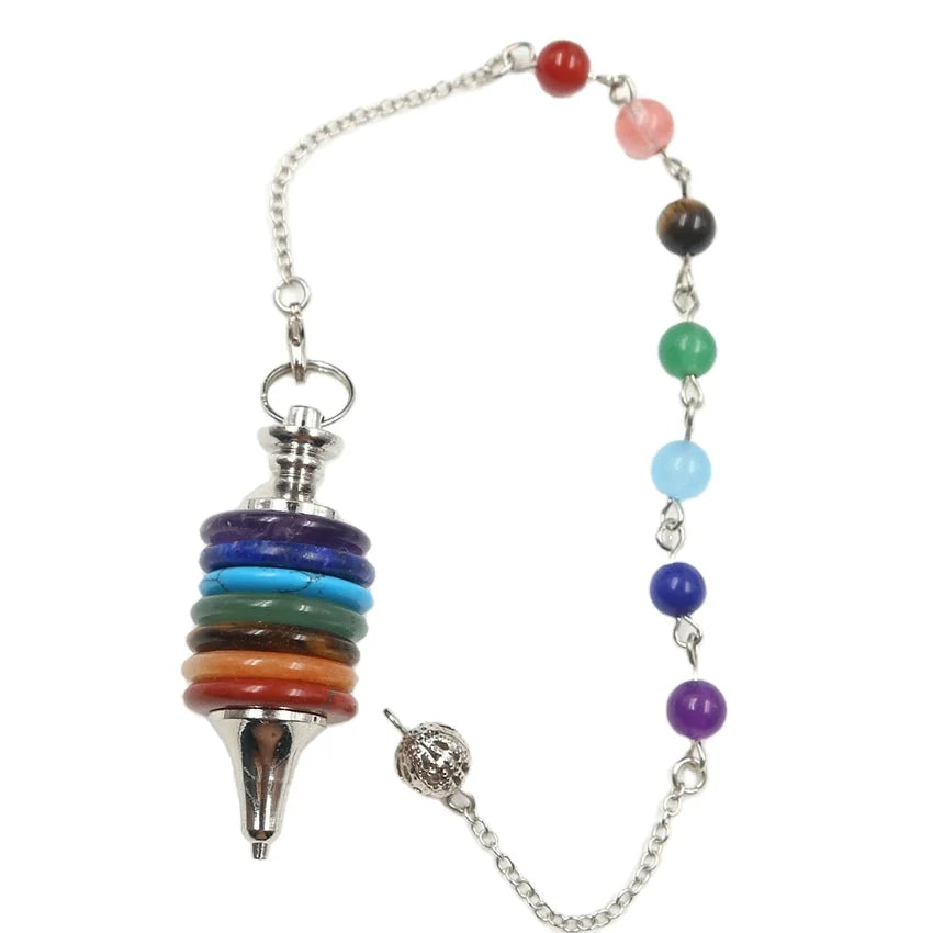 7 Chakra Stacked Disc Crystal Pendulum, Natural Gemstone Dowsing Pendulum With Chakra Bead Chain, Reiki Healing Divination Spiritual Meditation Tool