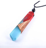 Creative Tie Shape Natural Wood Pendant Necklace, Three‑Color Red Blue Wood Splicing Pendant with Adjustable Black Cord, Handmade Boho Unisex Jewelry
