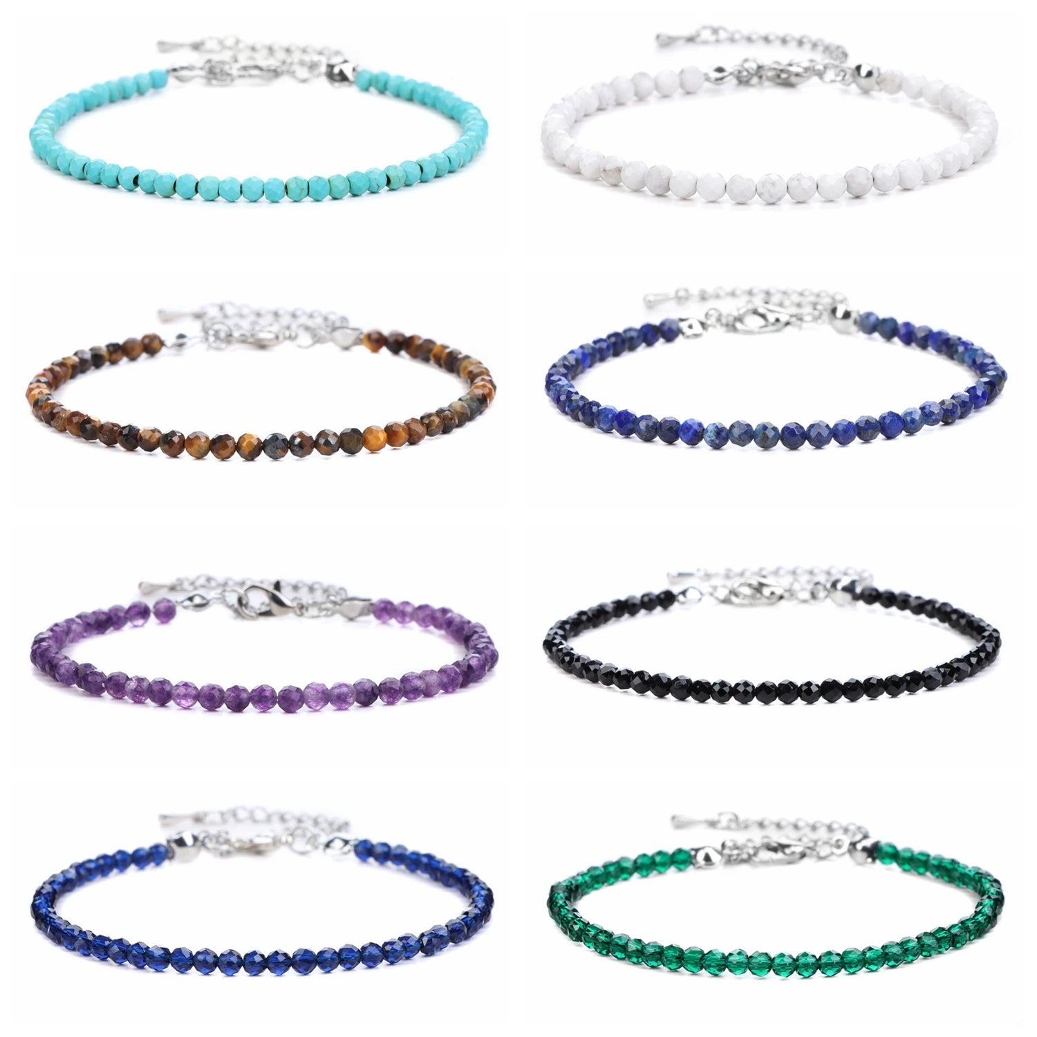 Tiny Micro Faceted Natural Stone Beaded Bracelet Silver Adjustable Extension Chain Dainty Stacking Bracelet for Women Daily Layering Jewelry
