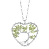 Heart Shaped Tree of Life Pendant Necklace, Natural Chip Gemstone Chakra Crystal Necklace Silver Wire Wrapped Jewelry Gift for Women