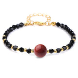 4mm Faceted Black Crystal Beaded Bracelet with 10mm Natural Stone Center Bead Gold Plated Adjustable Extension Chain Chakra Healing Bracelet for Women