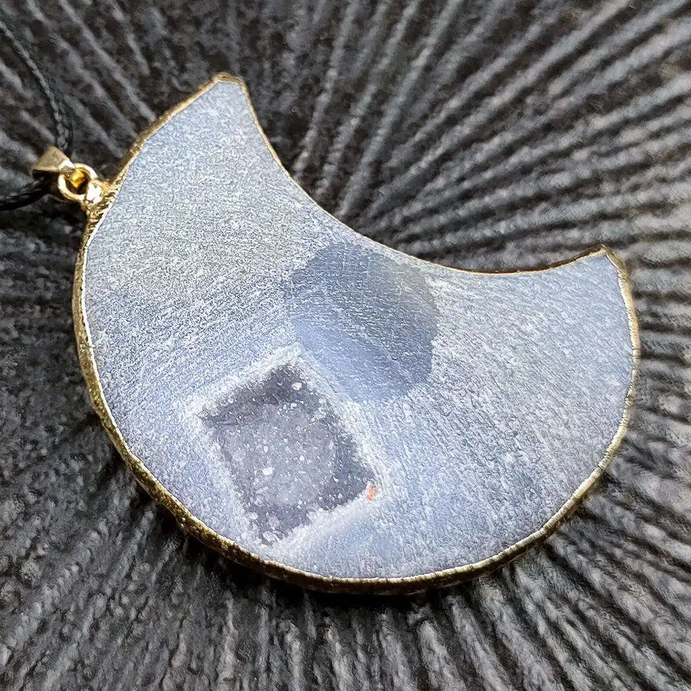 Raw Ice Quartz Geode Moon Pendant | Gold Electroplated Border Druzy Stone for Handmade Earring & Necklace Supply