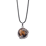 Silver‑Tone Metal Dragon Wrapped Round Natural Crystal Pendant, Dragon Totem Bezel Set Gemstone Charm, Reiki Chakra Healing Stone Pendant for DIY Necklace Jewelry Making