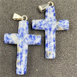 Natural Chakra Healing Crystal Cross Pendant, Assorted Mixed Natural Stone Cross Charm with Silver Bail for Religious Jewelry Craft Bulk