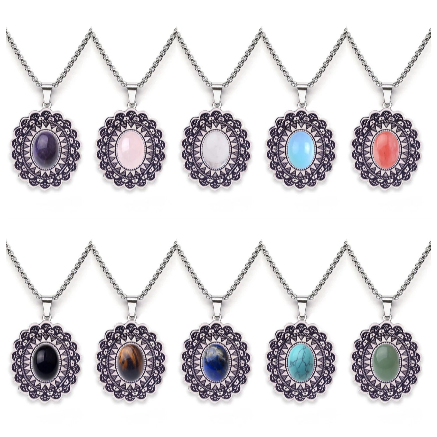 Vintage Stainless Steel Mandala Disc Pendant Necklace - Natural Picture Jasper Stone - Western Retro Flower Pendant for Men & Women