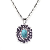 Vintage Stainless Steel Mandala Disc Pendant Necklace - Natural Picture Jasper Stone - Western Retro Flower Pendant for Men & Women