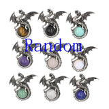 Vintage Silver Winged Dragon Orb Pendant - Epic Fantasy Protective Talisman Natural Gemstone Necklace for Men Women