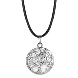 Owl Family Tree of Life Gemstone Necklace – 30mm Round Natural Stone Pendant with 18-Inch Leather Cord