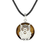 Owl Hollow Pendant Necklace, Silver Plated Natural Crystal Inlay Black Wax Cord Wisdom Symbol Necklace