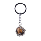 Vintage Dragon Encircled Natural Gemstone Keychain, Silver Plated Dragon Wrap Round Crystal Key Ring, Multi‑Color Stone Bag Pendant Accessory
