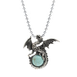 Punk Rock Biker Dragon Orb Necklace Set - Heavy Metal Bead Chain Winged Dragon Guardian Crystal Pendant Gift for Men Women