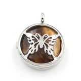 Silver Plated Hollow Butterfly Pendant Natural Round Cabochon Gemstone Inlay Charm for DIY Necklace Jewelry Making