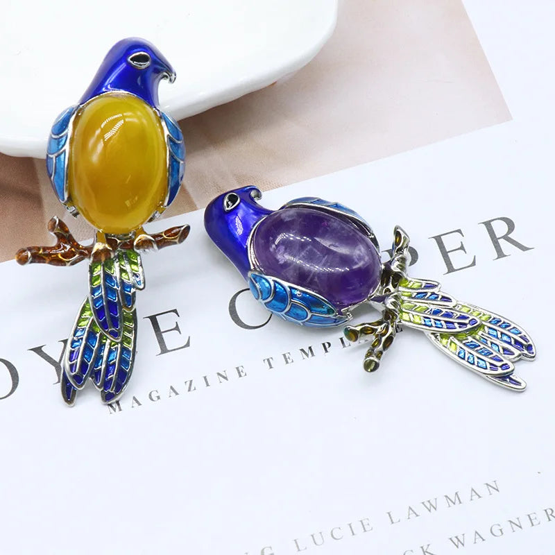 Enamel Bird Parrot Natural Gemstone Pendant, Colorful Enamel Alloy Bird On Branch Inlaid Oval Cabochon Crystal Pendant, Chakra Reiki Healing DIY Necklace Jewelry Charm