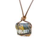 Natural Raw Crystal Rough Stone Pendant Necklace, Irregular Gemstone Hand Knotted Brown Rope Choker for Unisex