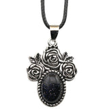 Silver Rose Flower Oval Gemstone Necklace 45CM Black Cord SN1503  10X14mm Stone Cab Pendant Jewelry