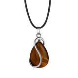 Polished Teardrop Natural Crystal Stone Necklace, Silver Wire Wrapped Gem Pendant with Wax Cord Multi‑Color Variants Chakra Reiki Meditation Neck Jewelry