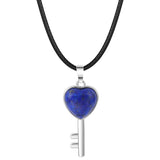 Natural Stone Heart Key Pendant Necklace, Silver Frame Gemstone Charm with Snake Chain for Women Jewelry Making