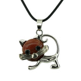 Natural Crystal Cat Pendant Necklace, Silver Alloy Frame Gemstone Charm, Healing Jewelry for Cat Lovers