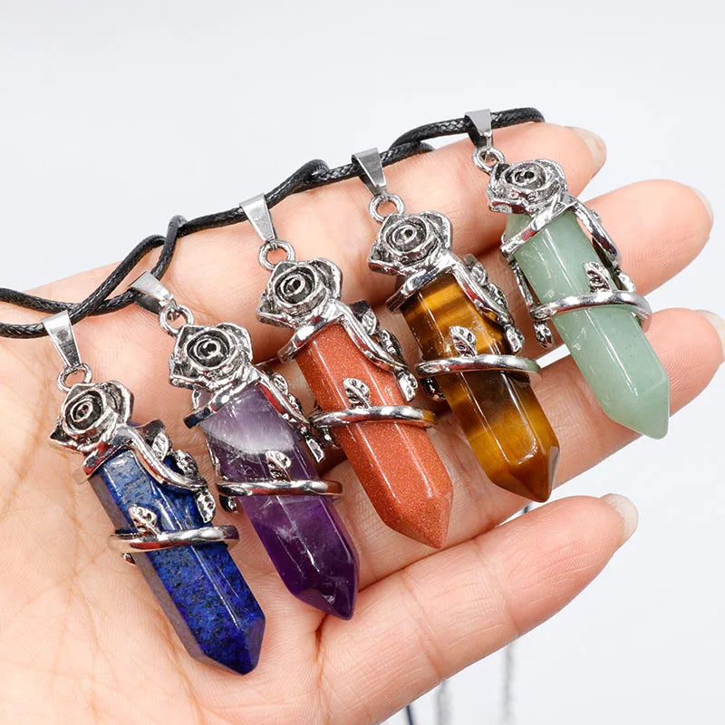Vintage Rose Wrapped Crystal Pendant Necklace • Hexagonal Bullet Stone Charm • Boho Black Cord Healing Quartz Spiritual Jewelry