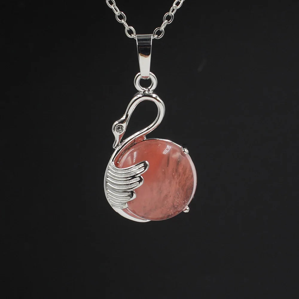 Natural Round Crystal Stone Pendant Wing Silver Plated Wrapped Gemstone Pendant Chakra Reiki Healing Crystal Charms for Jewelry Making Necklace