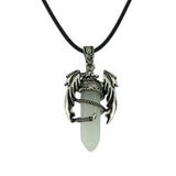 Gothic Winged Dragon Hexagonal Crystal Point Necklace, Vintage Silver Pterosaur Column Pendant, Punk Minimalist Protection Amulet with Black Rope Cord for Men & Women