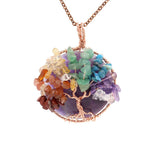 Chakra Tree of Life Wire Wrapped Pendant, Natural Crystal Chip Stone Round Pendant 45mm, Rose Gold Copper Handmade Wrapped Healing Reiki Crystal Necklace Pendant for Jewelry Making Gift
